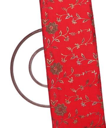 Maroon Colour Golden Zari Foil Embroidery Satin Fabric ( 1 Meter )